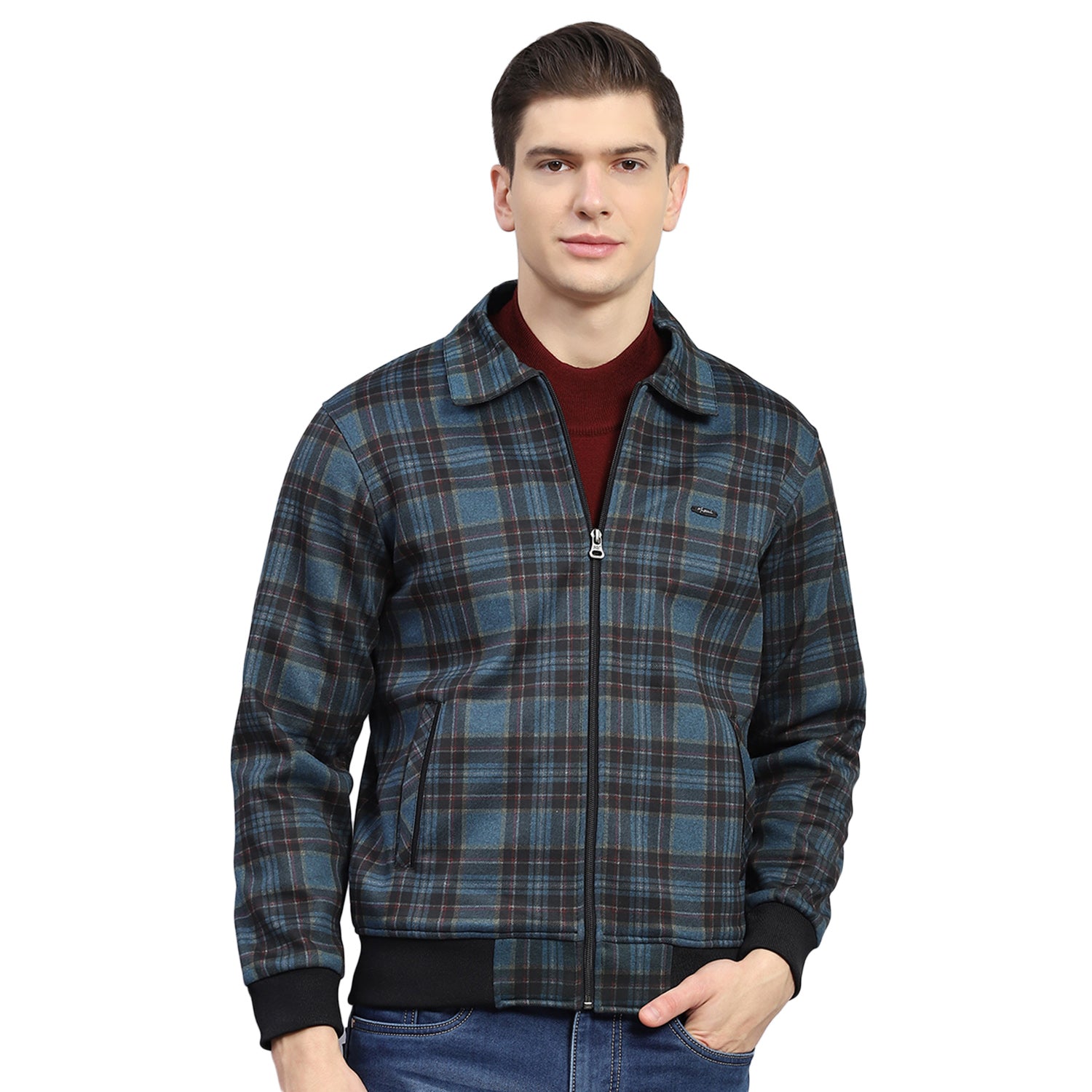 Men Teal Blue Check Collar Full Sleeve Sweatshirt