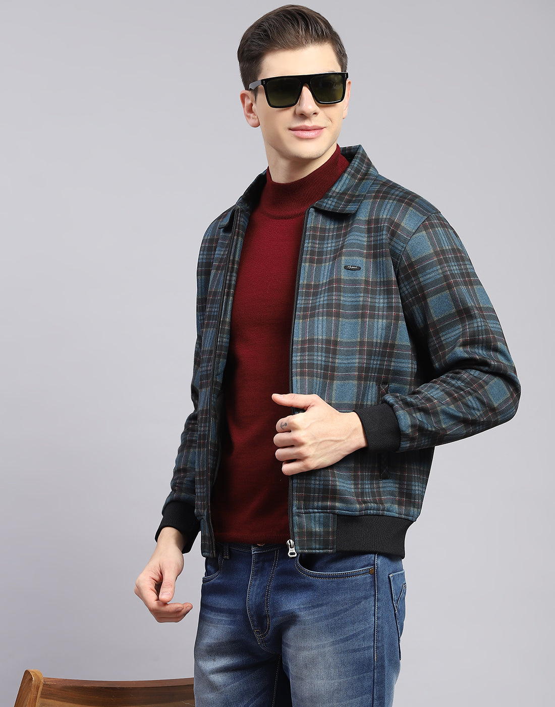 Men Teal Blue Check Collar Full Sleeve Sweatshirt