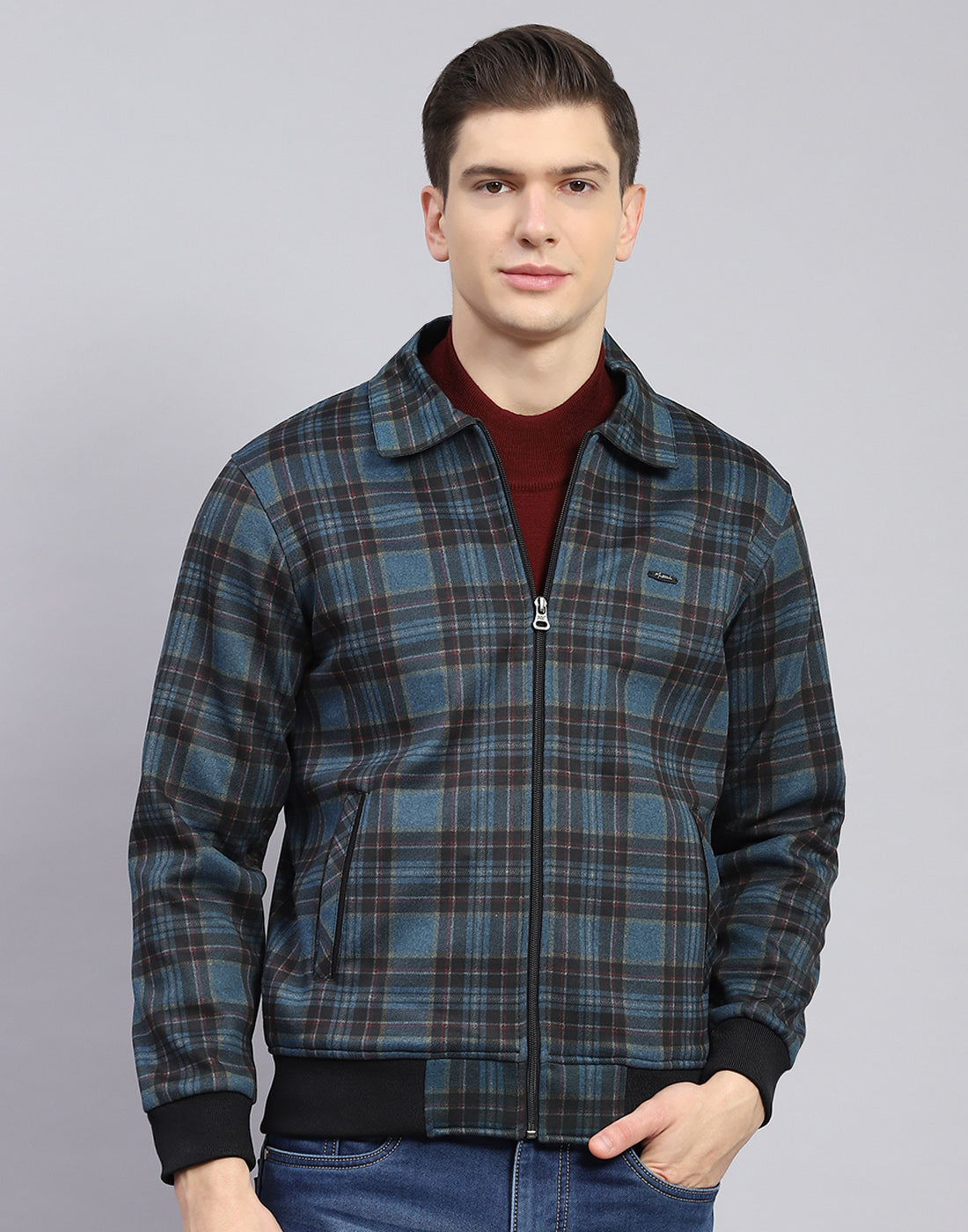 Men Teal Blue Check Collar Full Sleeve Sweatshirt