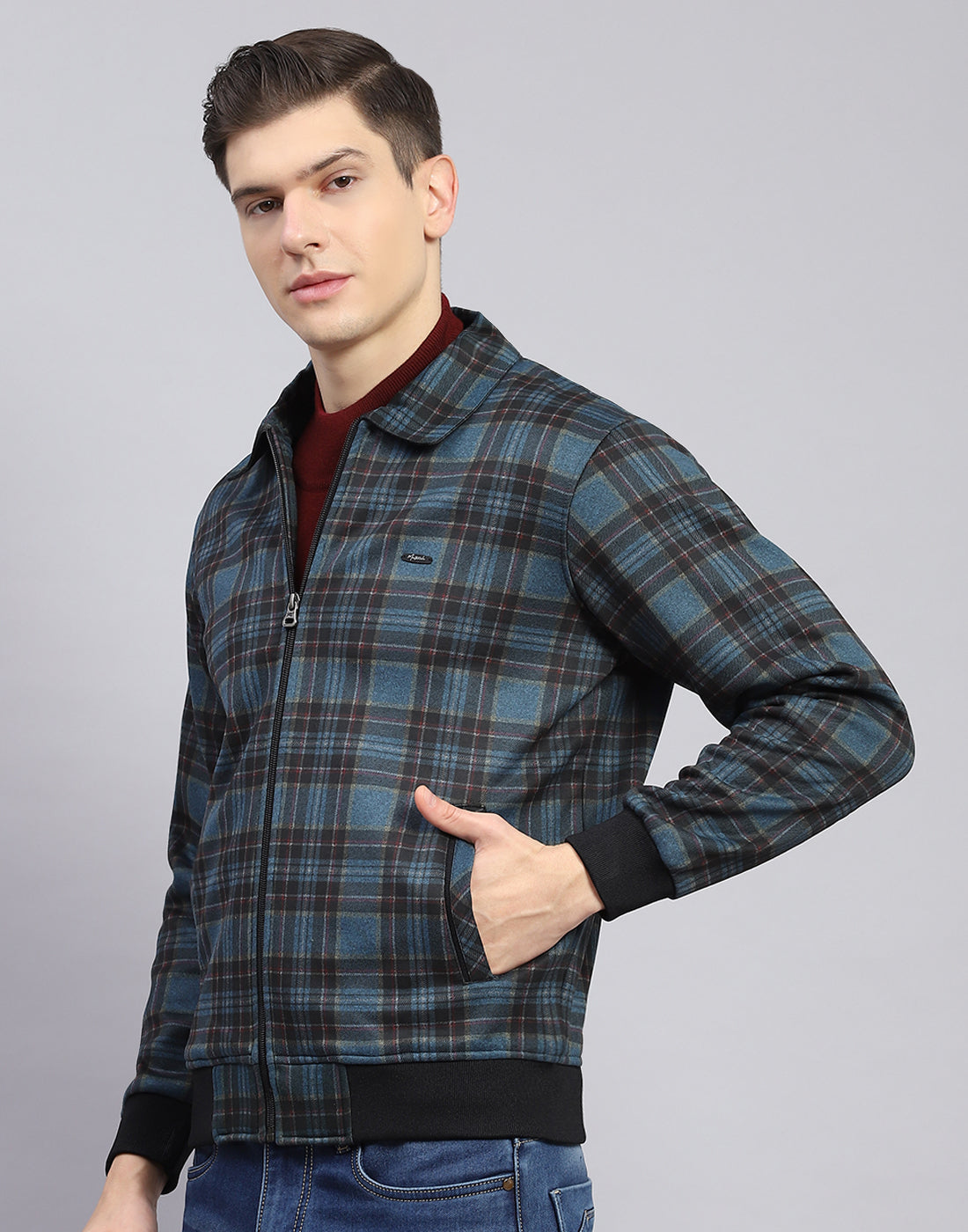 Men Teal Blue Check Collar Full Sleeve Sweatshirt