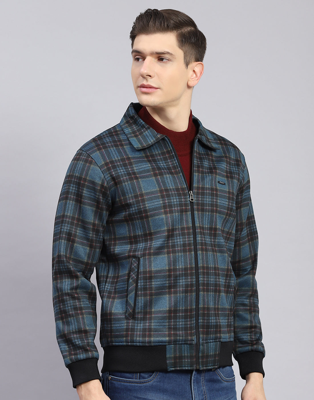 Men Teal Blue Check Collar Full Sleeve Sweatshirt