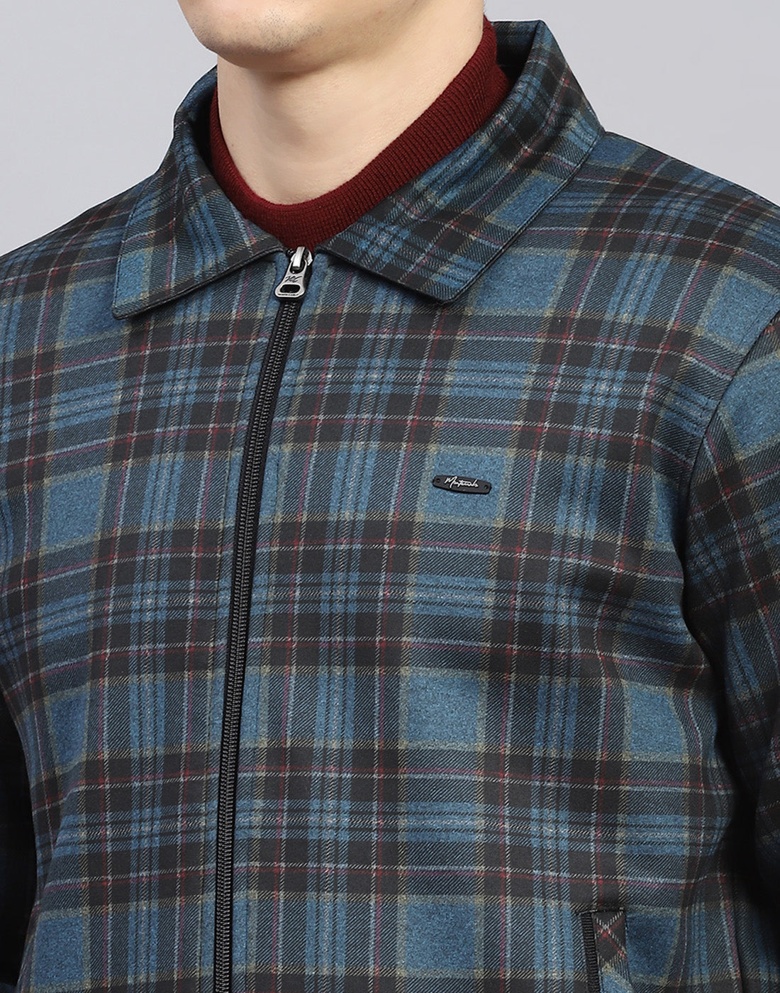 Men Teal Blue Check Collar Full Sleeve Sweatshirt