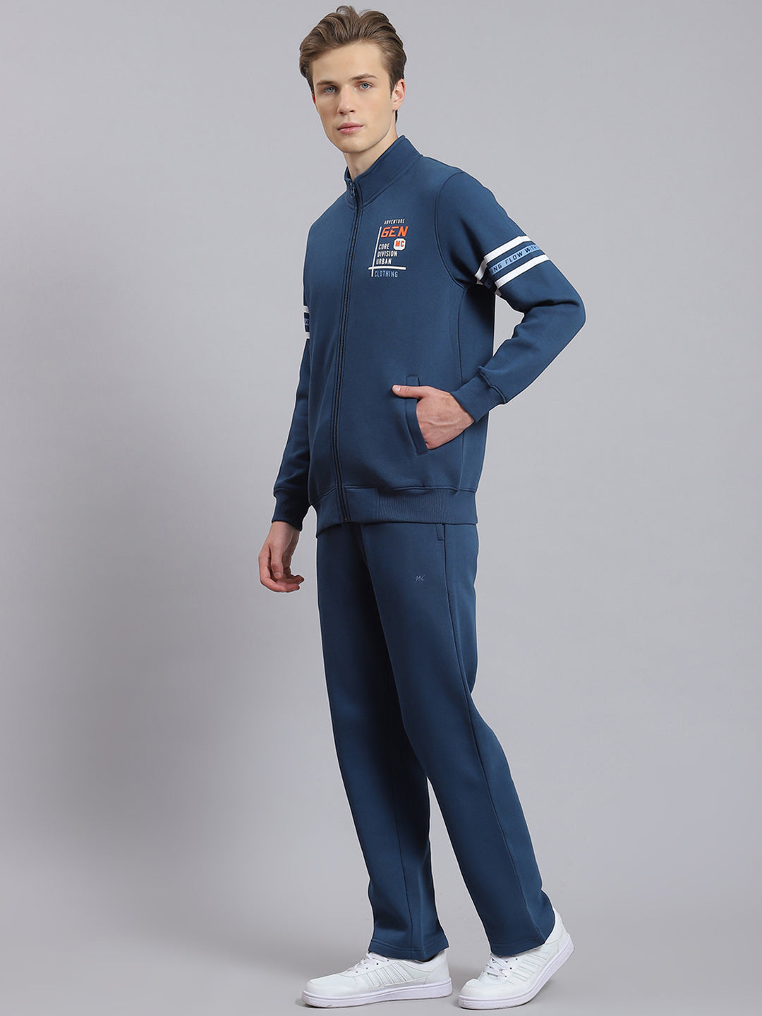 Men Teal Blue Solid Stand Collar Full Sleeve Tracksuit