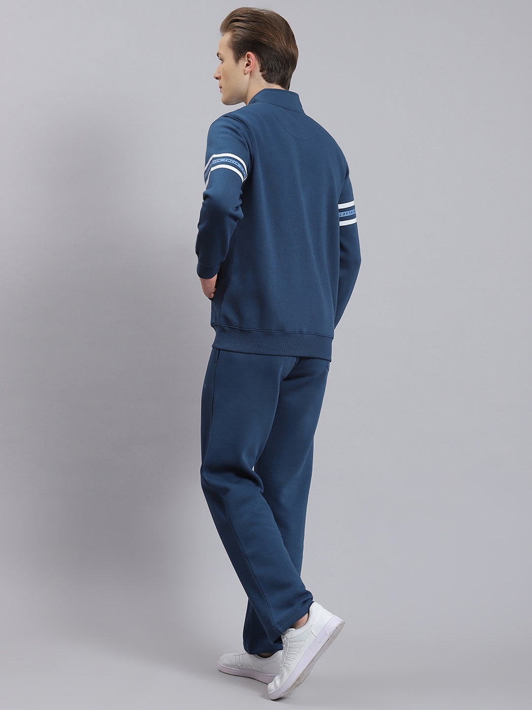 Men Teal Blue Solid Stand Collar Full Sleeve Tracksuit