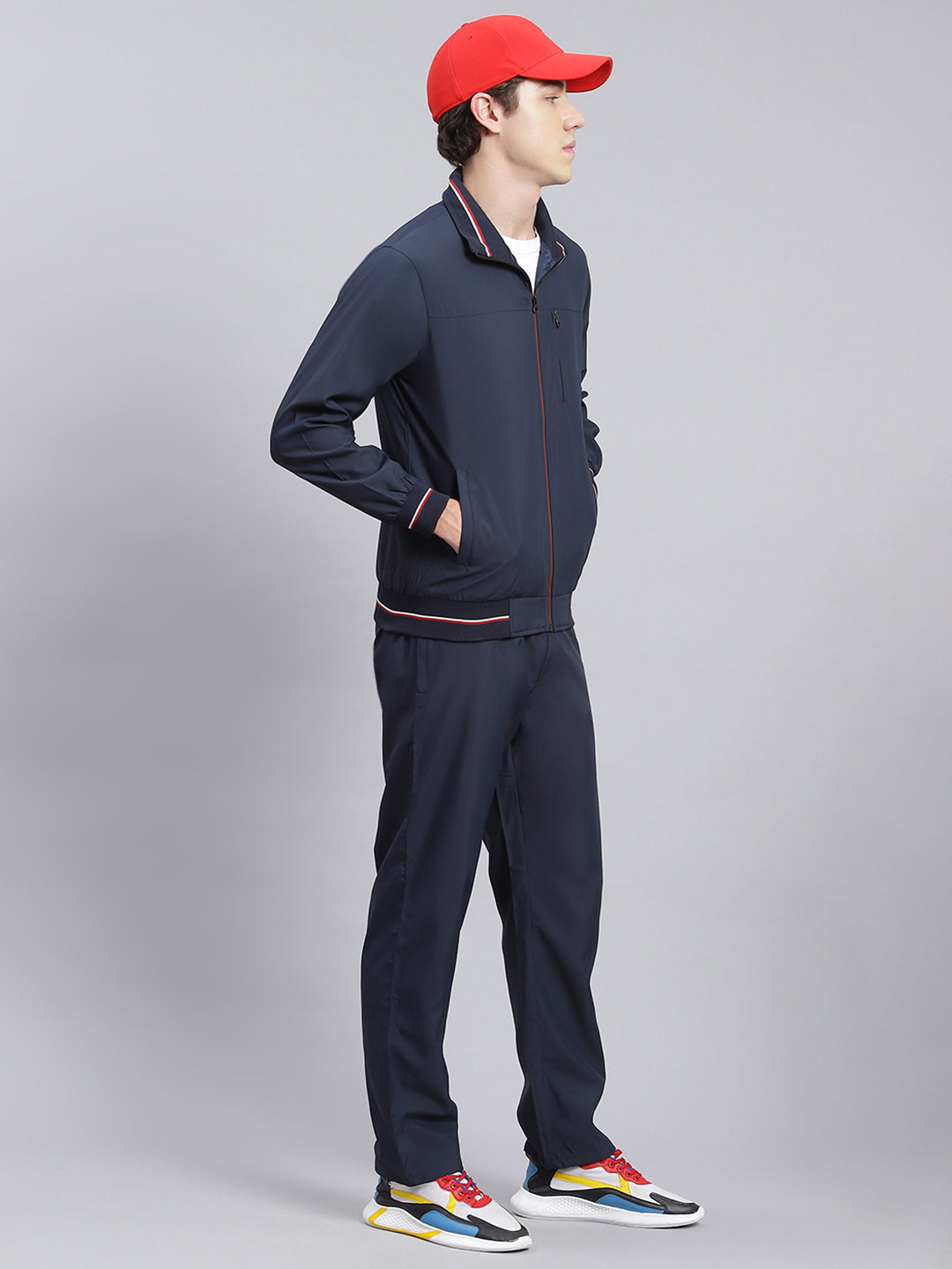 Men Navy Blue Solid Cotton Blend Track Suit