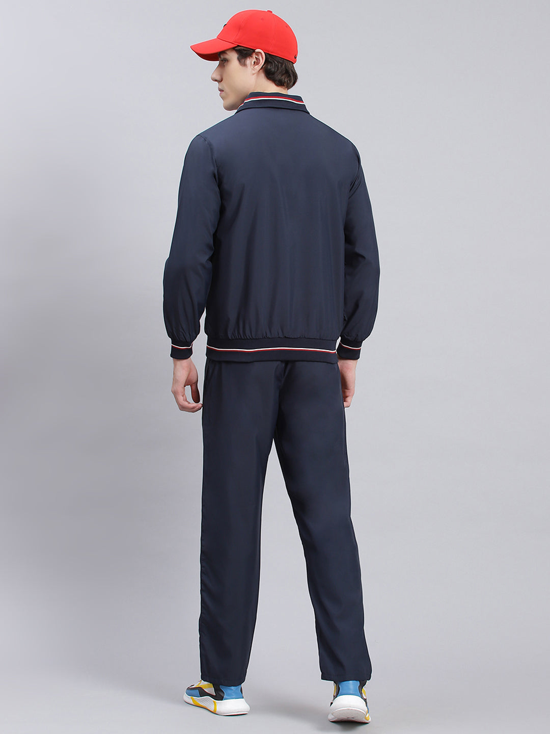 Men Navy Blue Solid Cotton Blend Track Suit