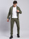 Men Olive Solid Stand Collar Full Sleeve Tracksuits