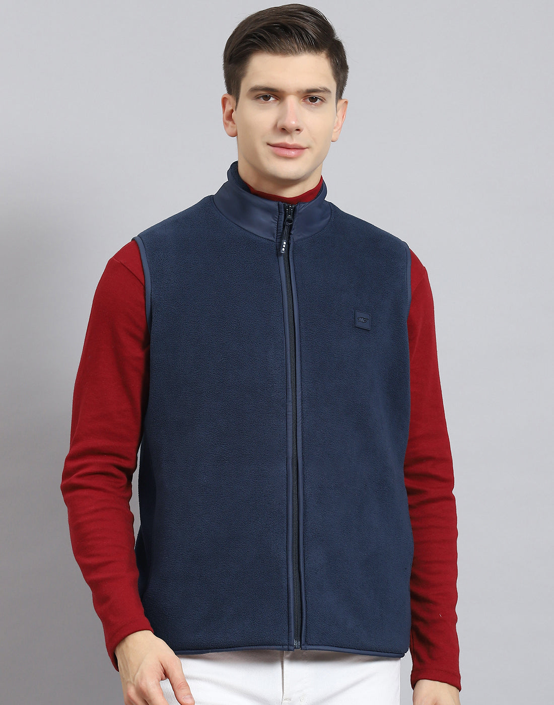 Men Navy Blue Solid Stand Collar Sleeveless Jacket