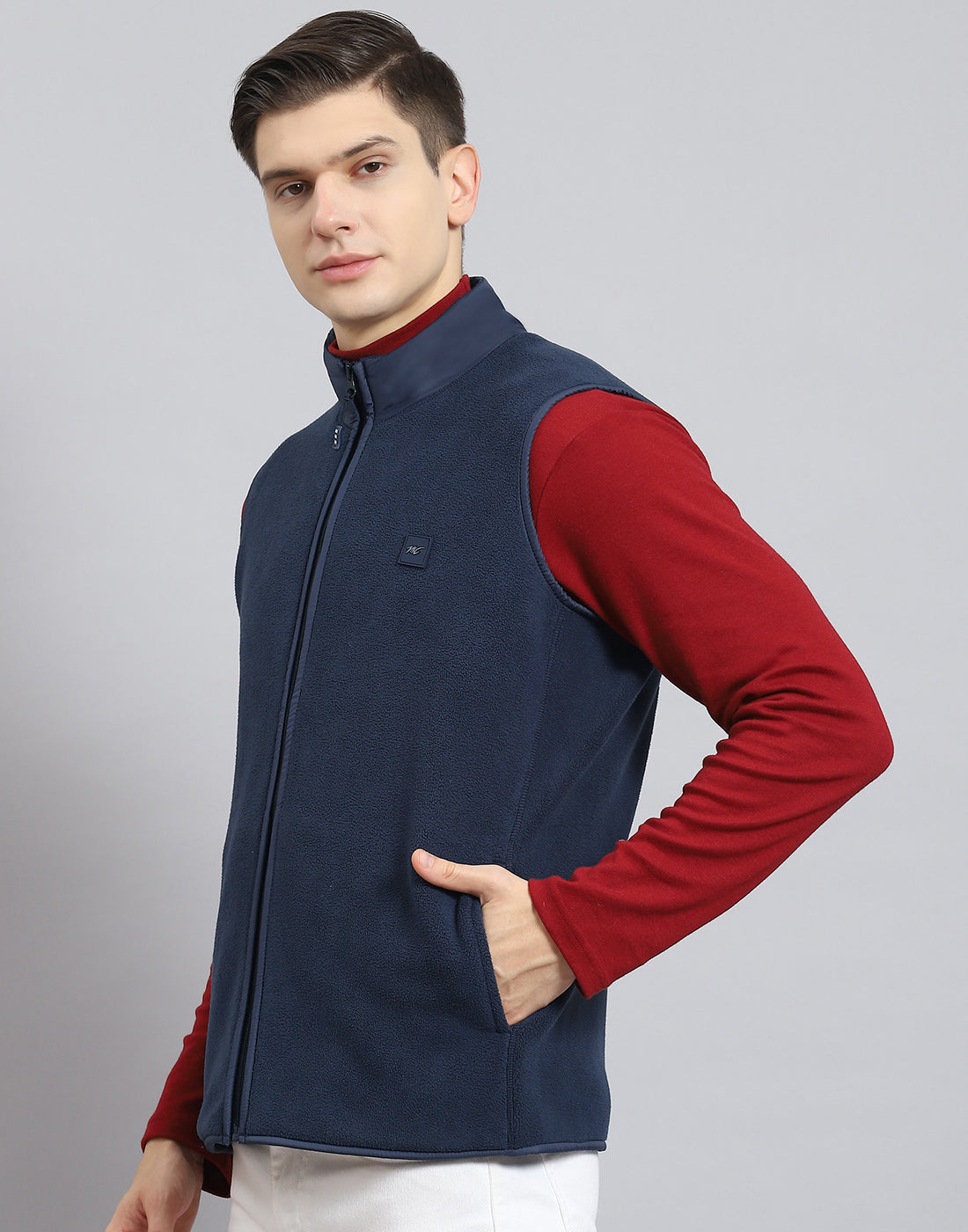 Men Navy Blue Solid Stand Collar Sleeveless Jacket