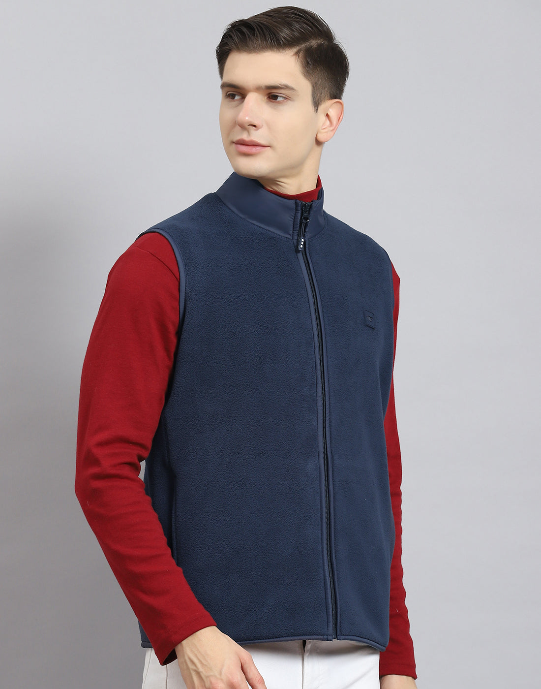 Men Navy Blue Solid Stand Collar Sleeveless Jacket