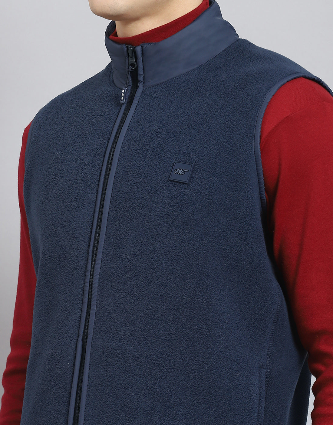 Men Navy Blue Solid Stand Collar Sleeveless Jacket