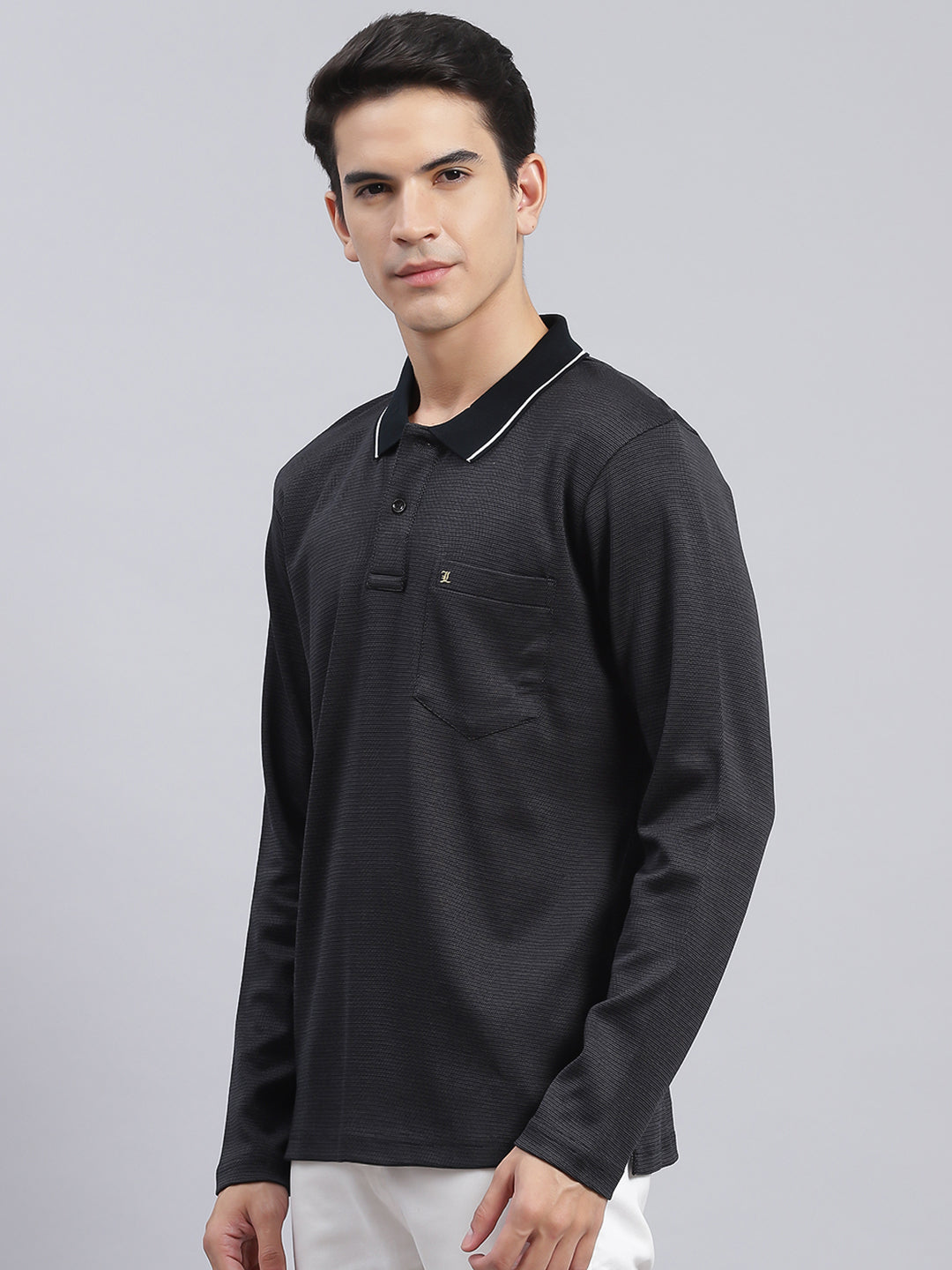 Men Black Jaquard Double Mercerized Cotton T-Shirt