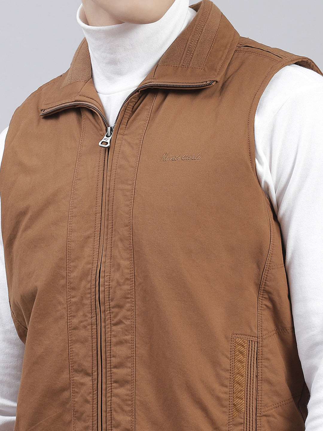 Men Brown Solid Collar Sleeveless Jackets