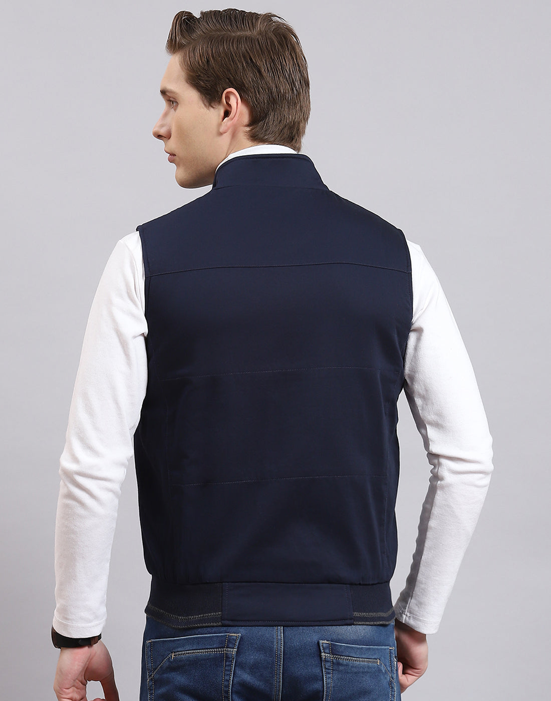 Men Blue Solid Stand Collar Sleeveless Jacket