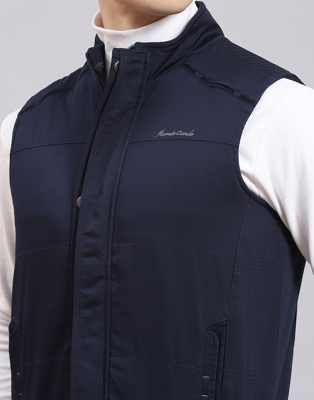 Men Blue Solid Stand Collar Sleeveless Jacket