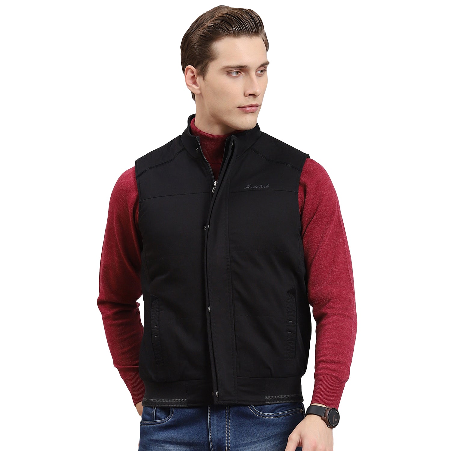 Men Black Solid Stand Collar Sleeveless Jacket