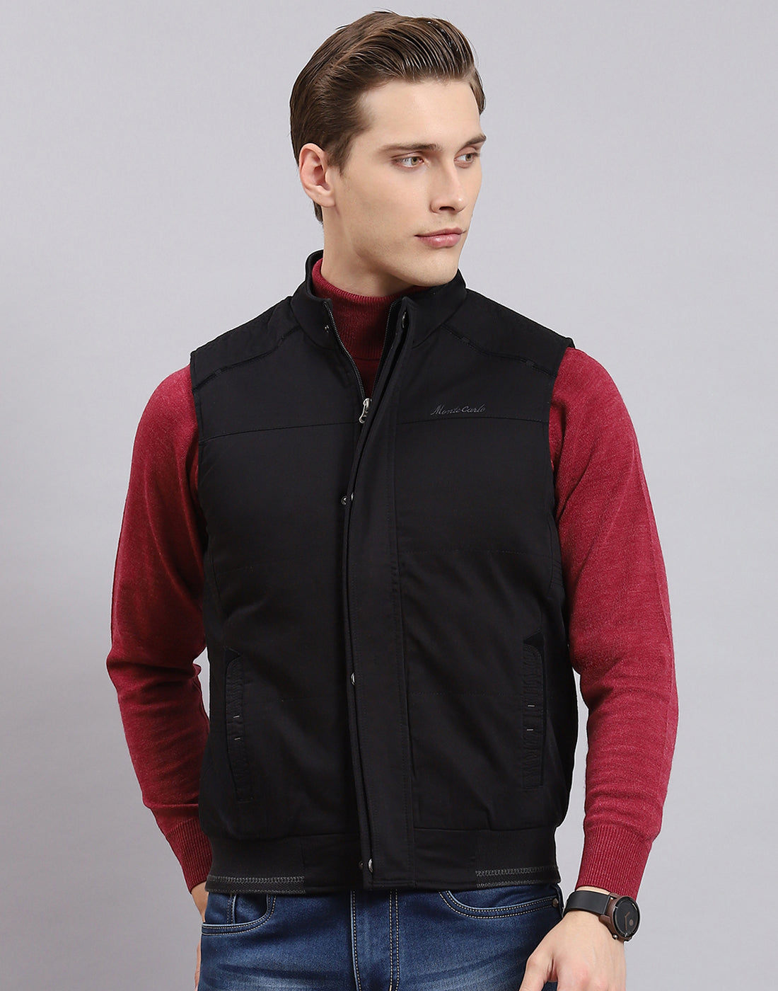 Men Black Solid Stand Collar Sleeveless Jacket