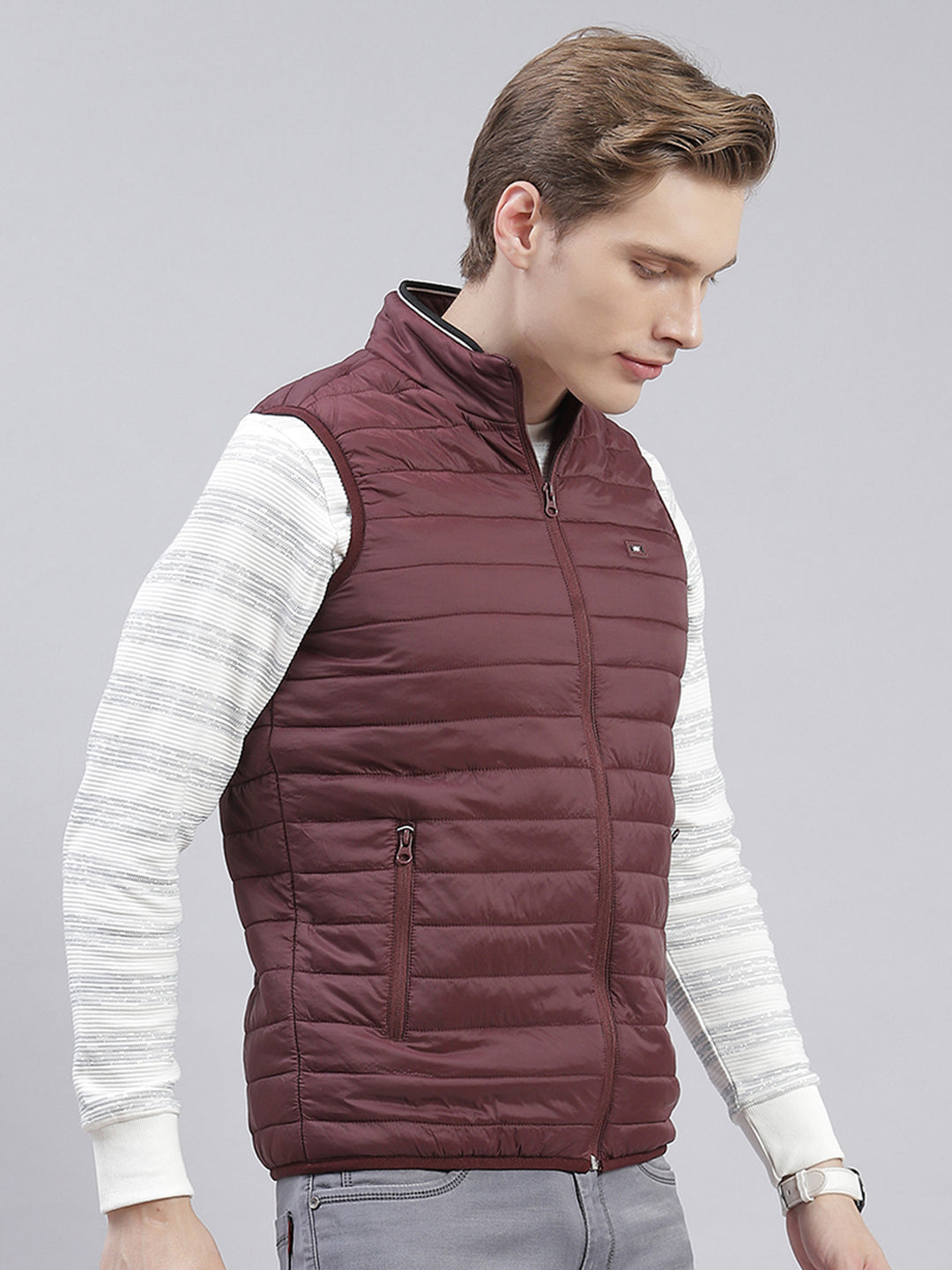 Men Maroon Solid Stand Collar Sleeveless Jackets