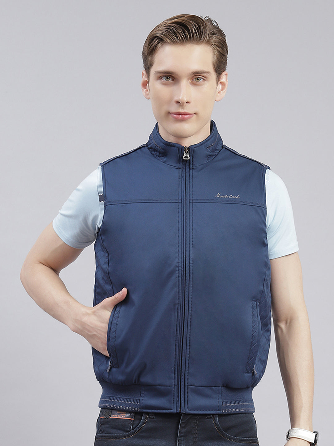 Men Blue Solid Stand Collar Sleeveless Jackets