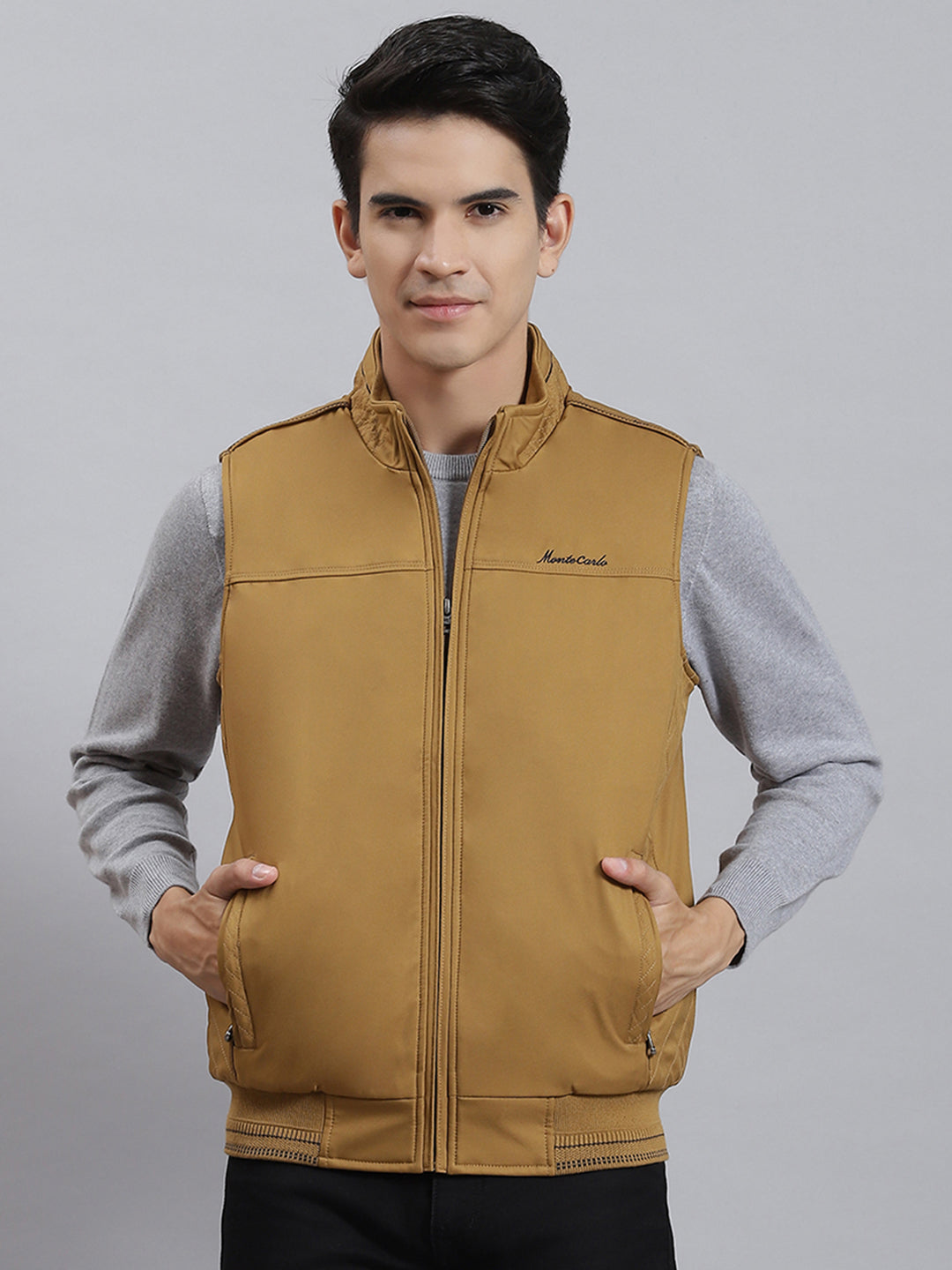 Men Mustard Solid Stand Collar Sleeveless Jackets