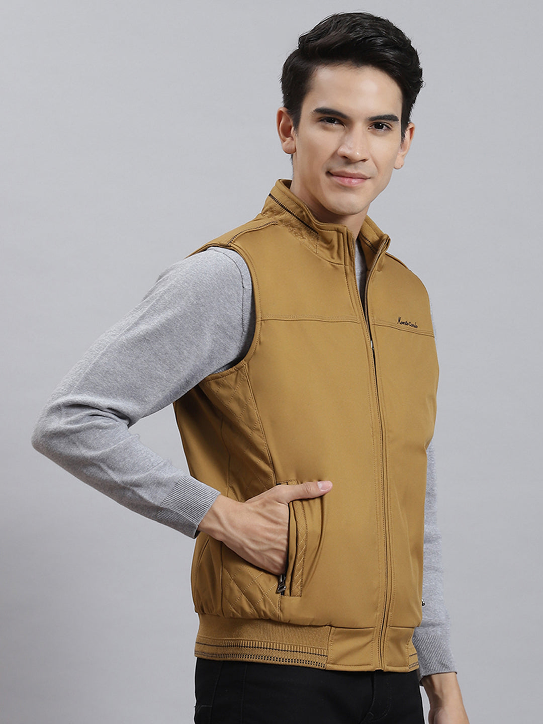 Men Mustard Solid Stand Collar Sleeveless Jackets