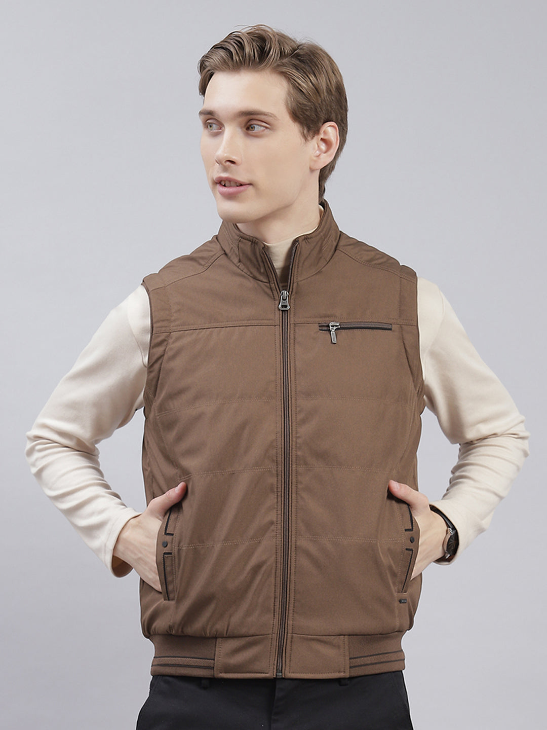 Men Brown Solid Stand Collar Sleeveless Jackets