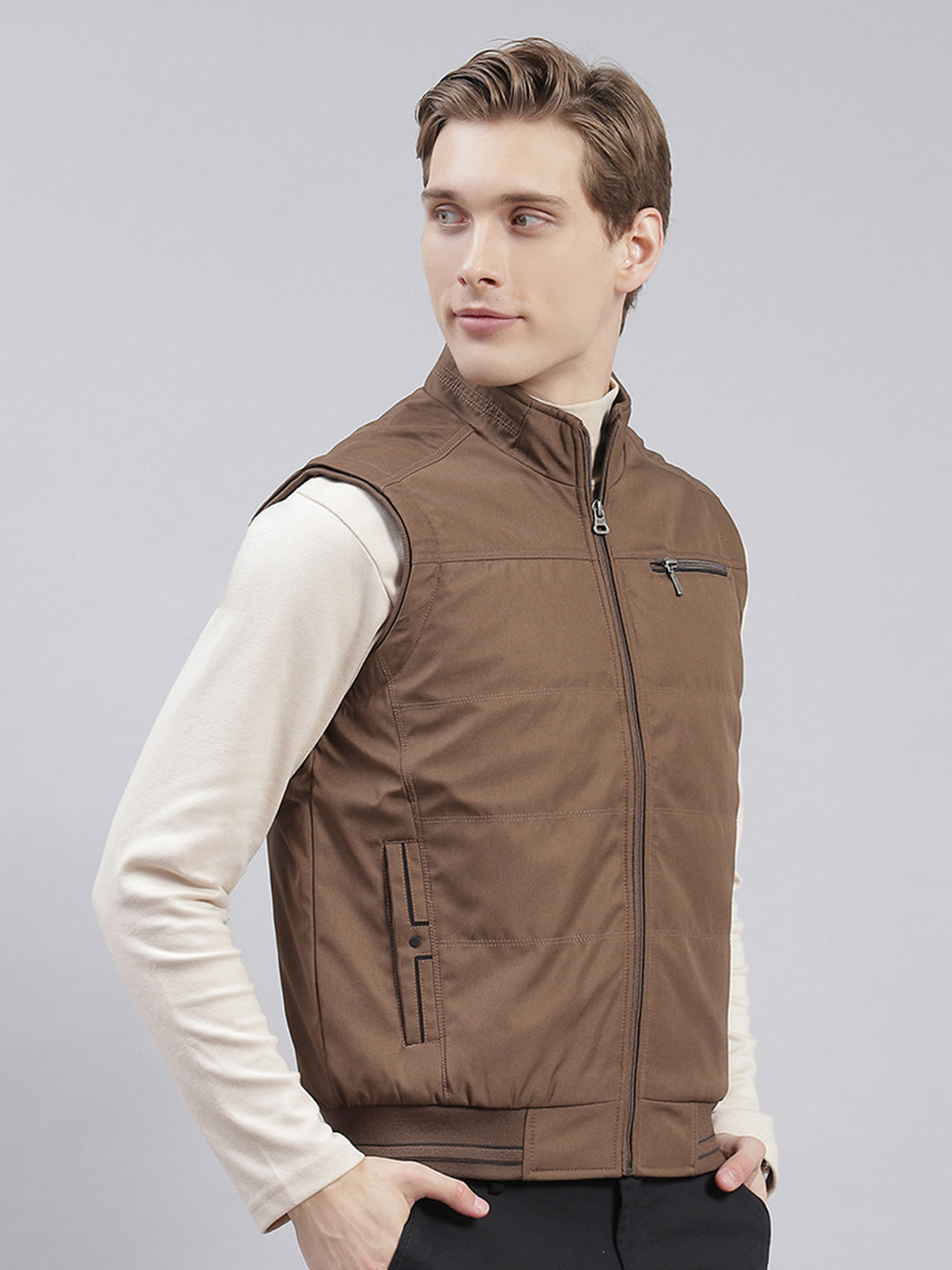 Men Brown Solid Stand Collar Sleeveless Jackets