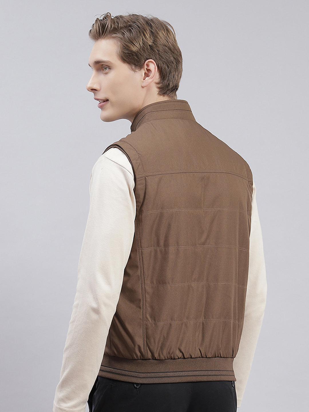 Men Brown Solid Stand Collar Sleeveless Jackets