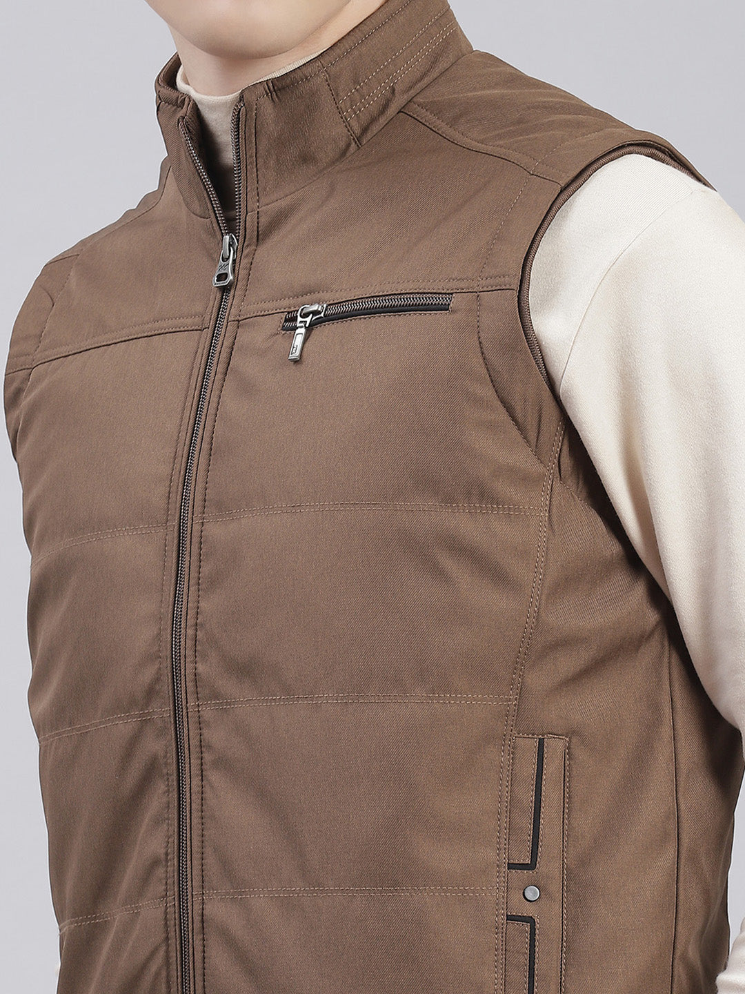 Men Brown Solid Stand Collar Sleeveless Jackets