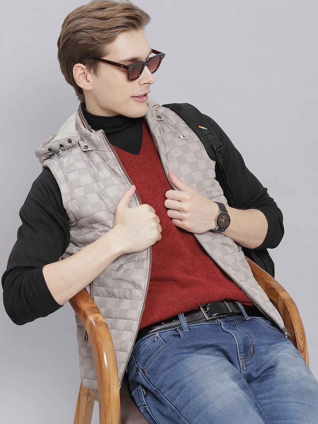 Men Beige Printed Hooded Sleeveless Jackets