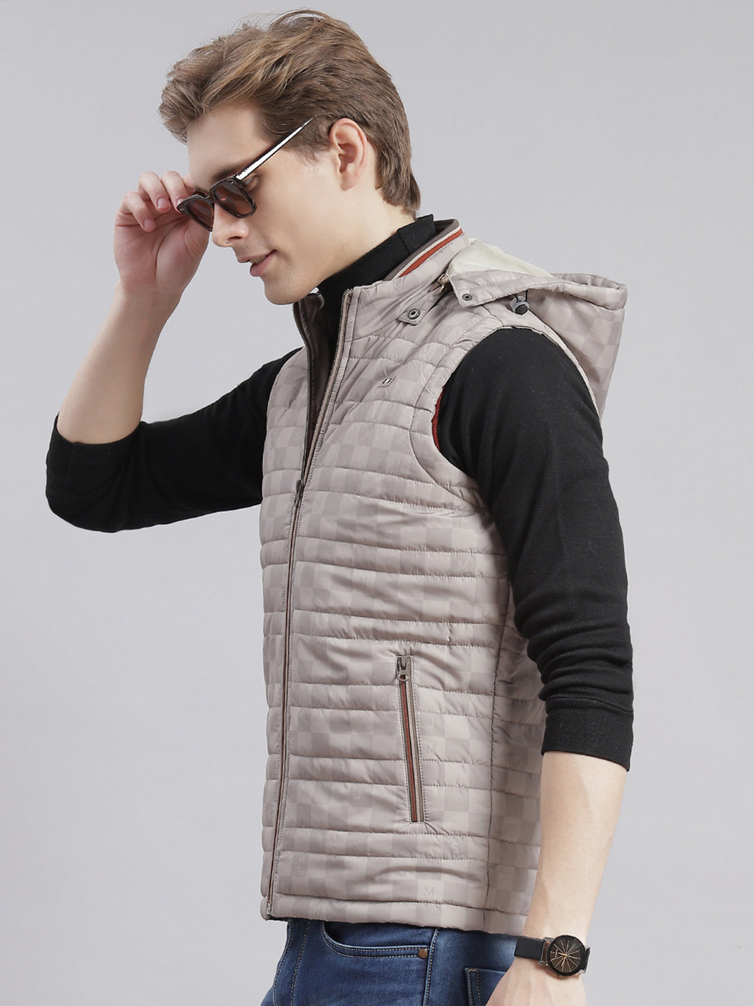 Men Beige Printed Hooded Sleeveless Jackets