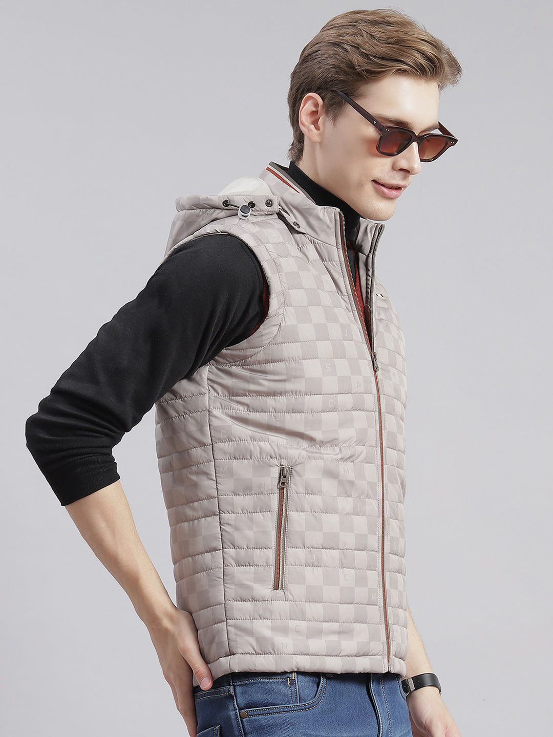 Men Beige Printed Hooded Sleeveless Jackets