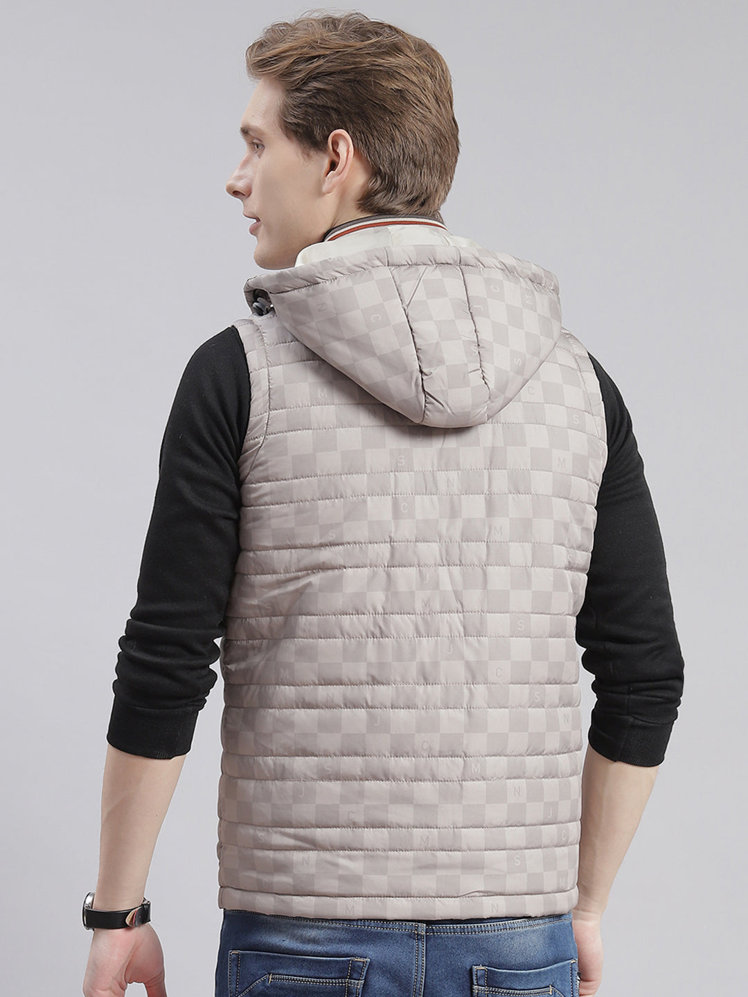 Men Beige Printed Hooded Sleeveless Jackets