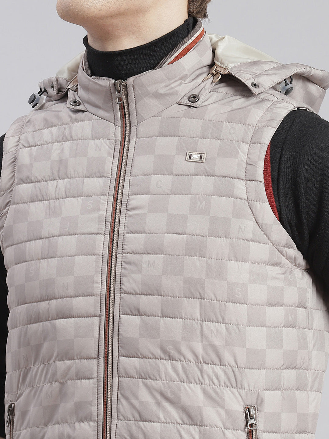 Men Beige Printed Hooded Sleeveless Jackets