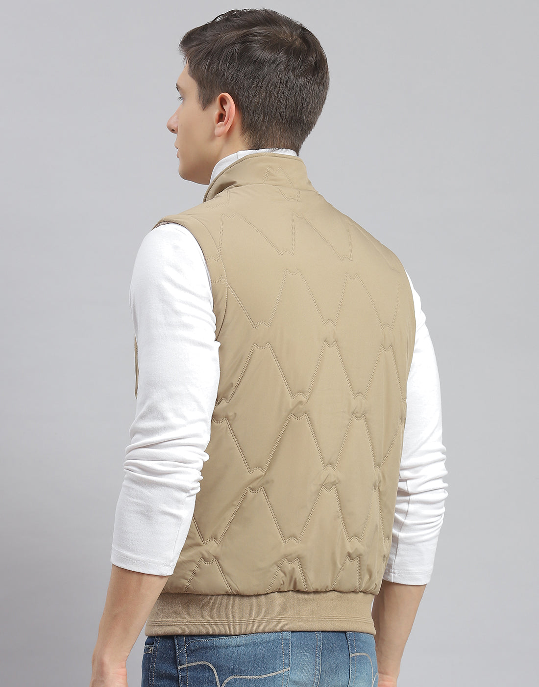 Men Beige Solid Stand Collar Sleeveless Jacket