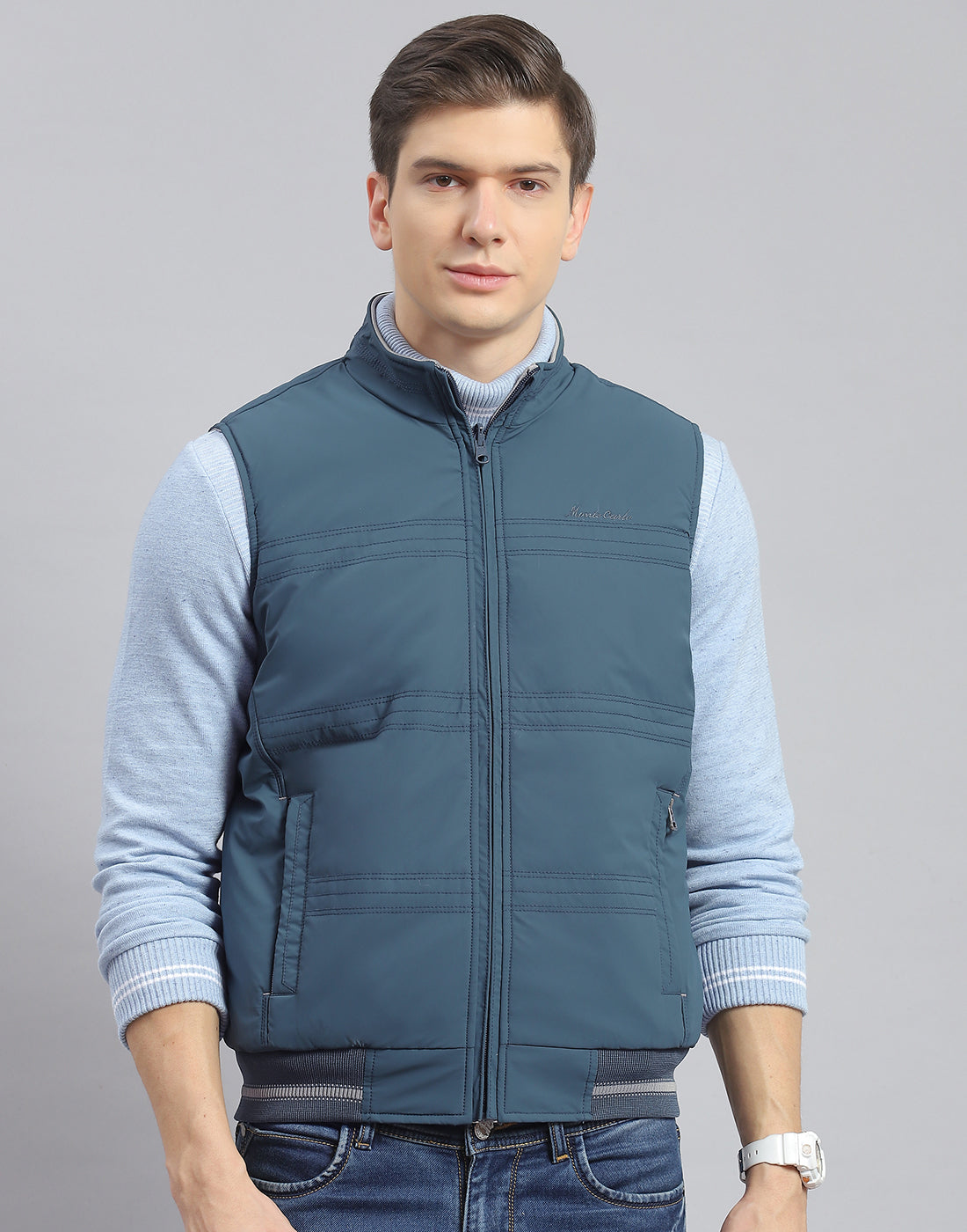 Men Teal Blue Solid Stand Collar Sleeveless Jacket