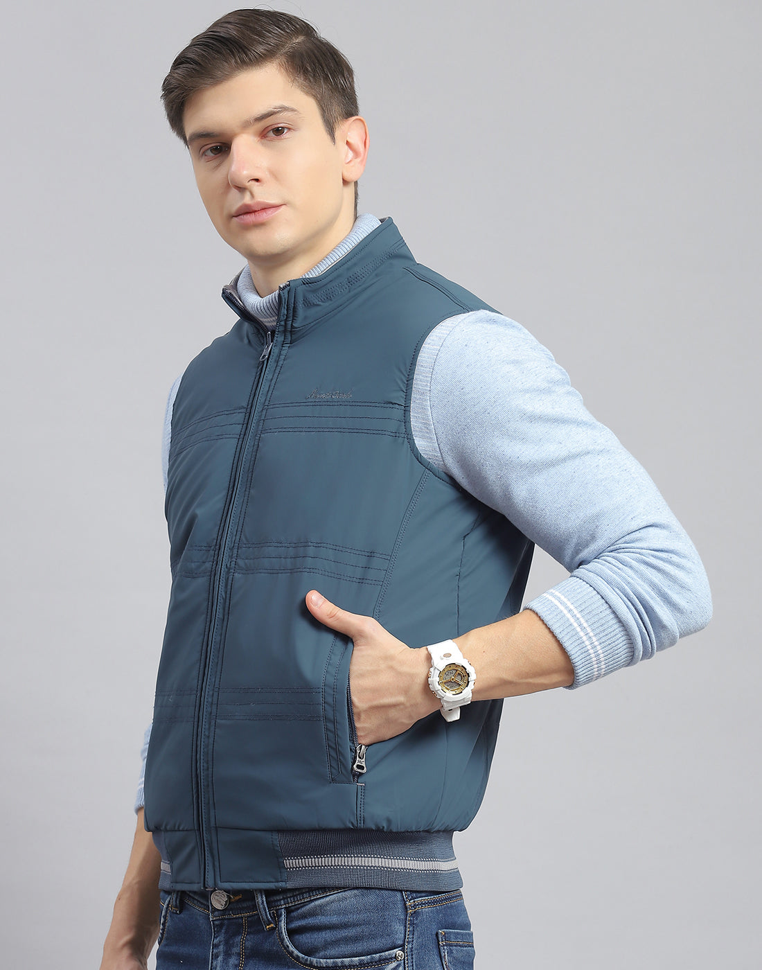 Men Teal Blue Solid Stand Collar Sleeveless Jacket