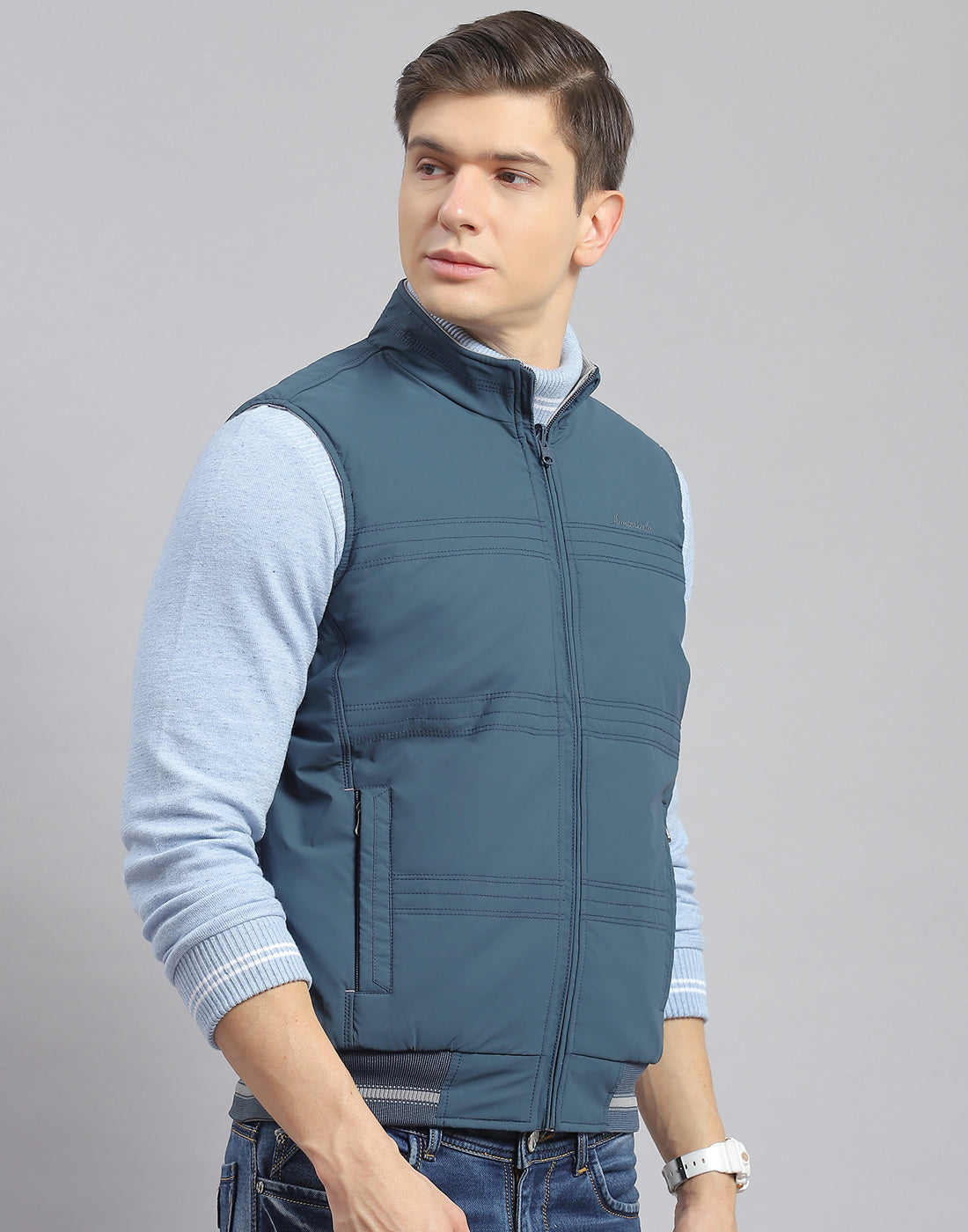 Men Teal Blue Solid Stand Collar Sleeveless Jacket