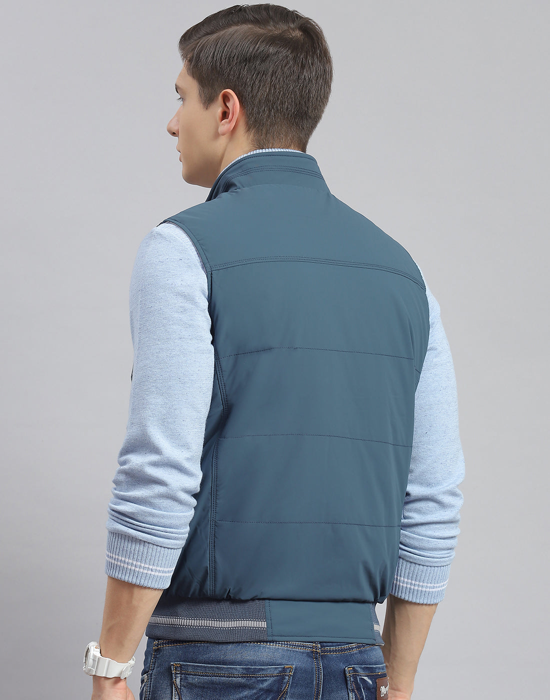 Men Teal Blue Solid Stand Collar Sleeveless Jacket