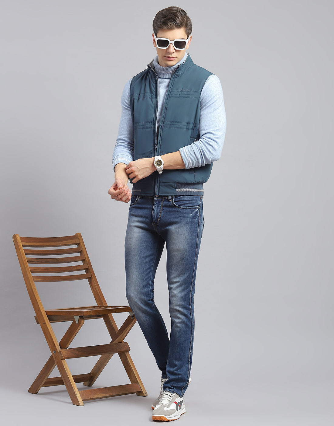 Men Teal Blue Solid Stand Collar Sleeveless Jacket