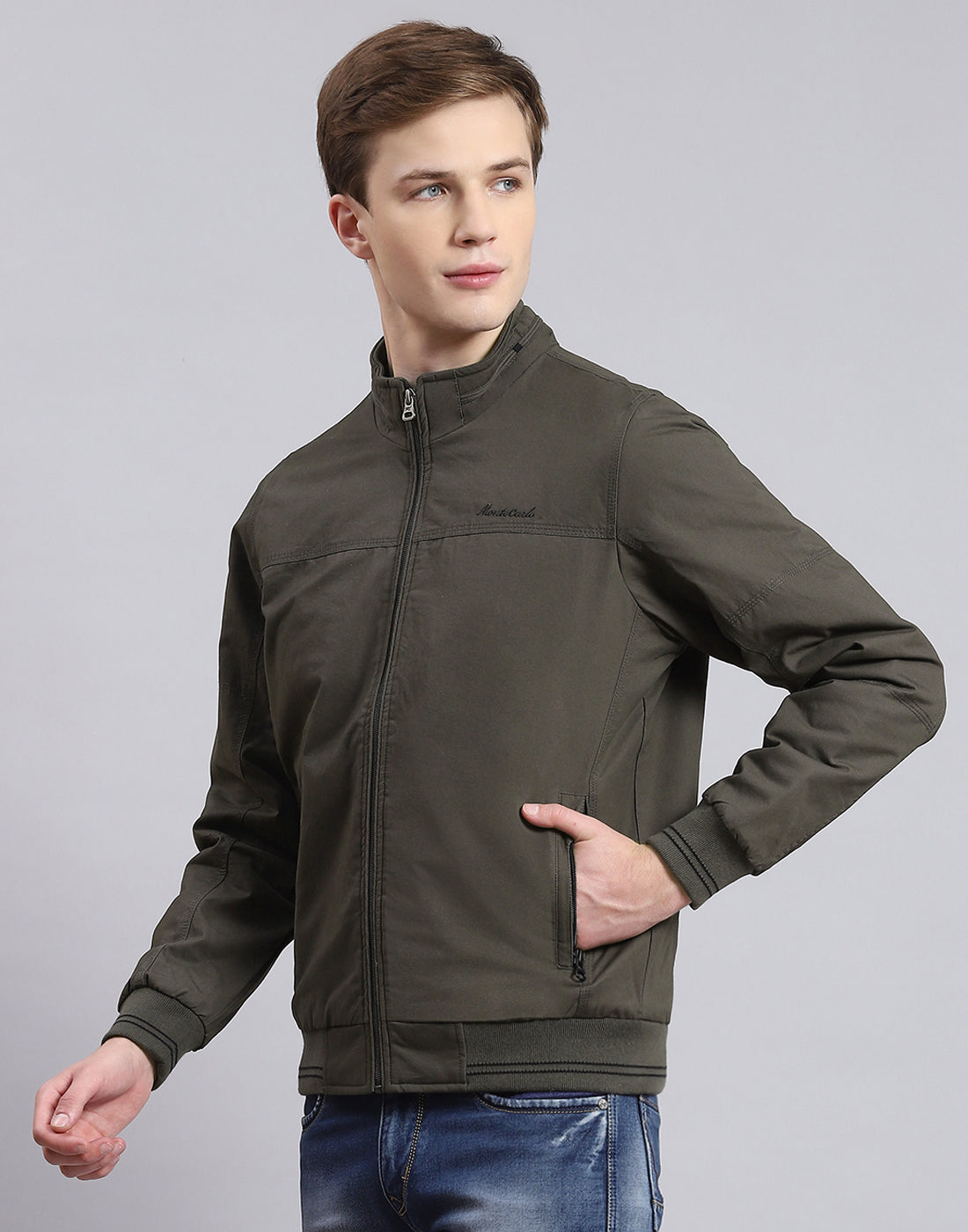 Buy Men Olive Solid Stand Collar Full Sleeve Jacket Online in India - Monte  Carlo