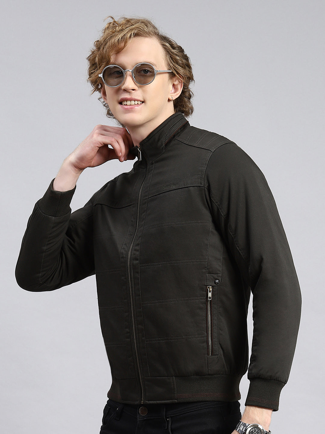 Men Olive Plain Jacket