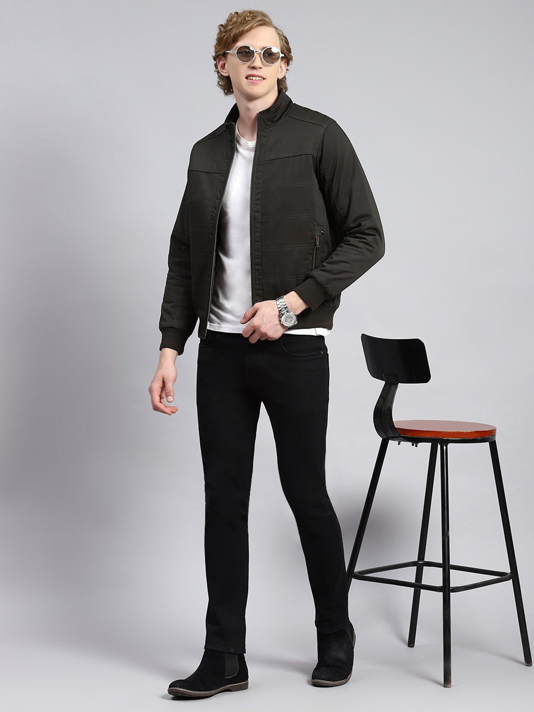 Men Olive Plain Jacket