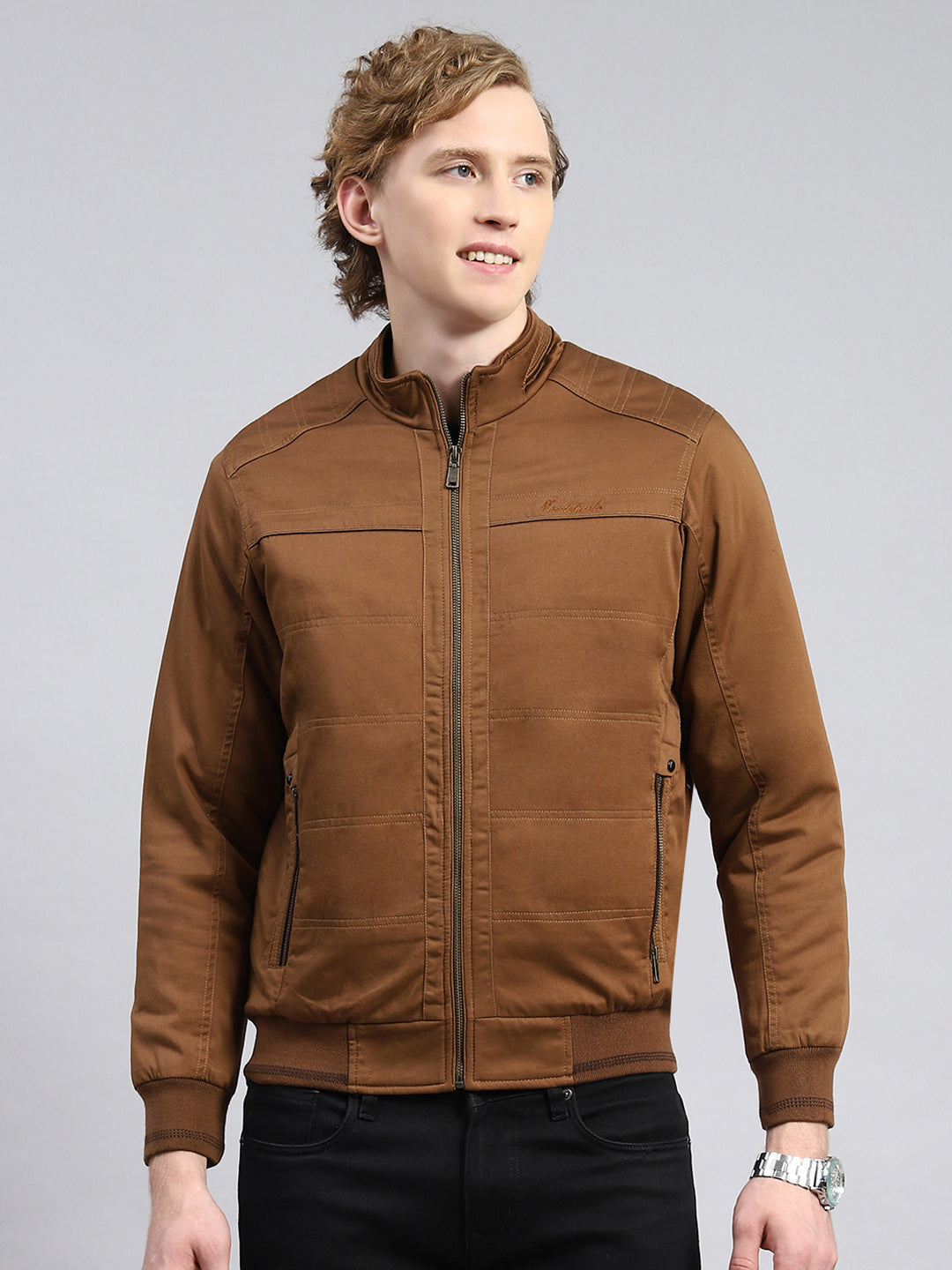 Men Brown Solid Stand Collar Full Sleeve Jackets