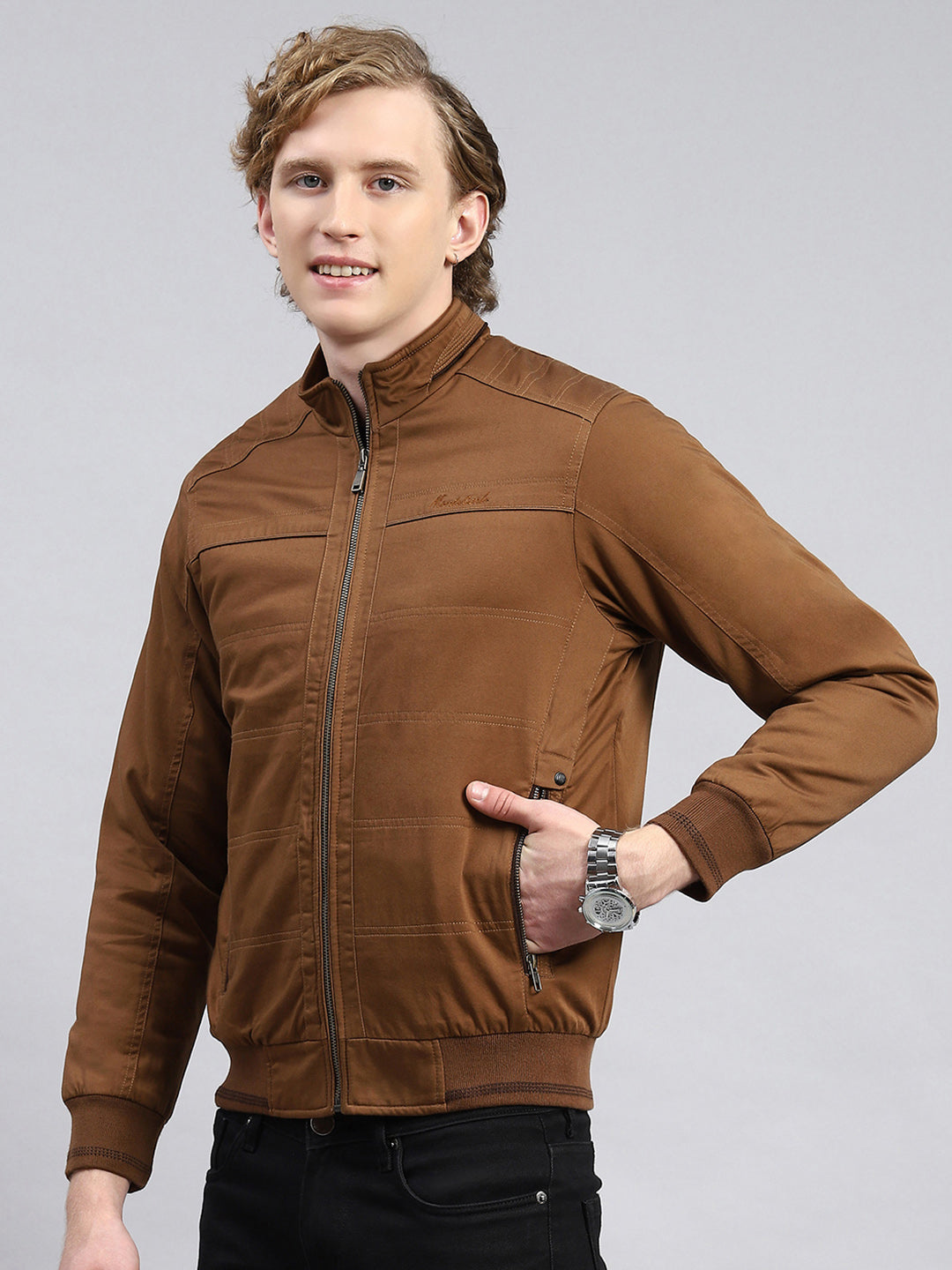 Men Brown Solid Stand Collar Full Sleeve Jackets