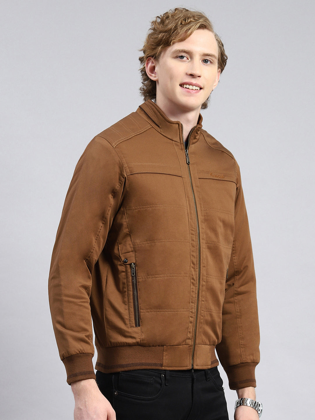 Men Brown Solid Stand Collar Full Sleeve Jackets