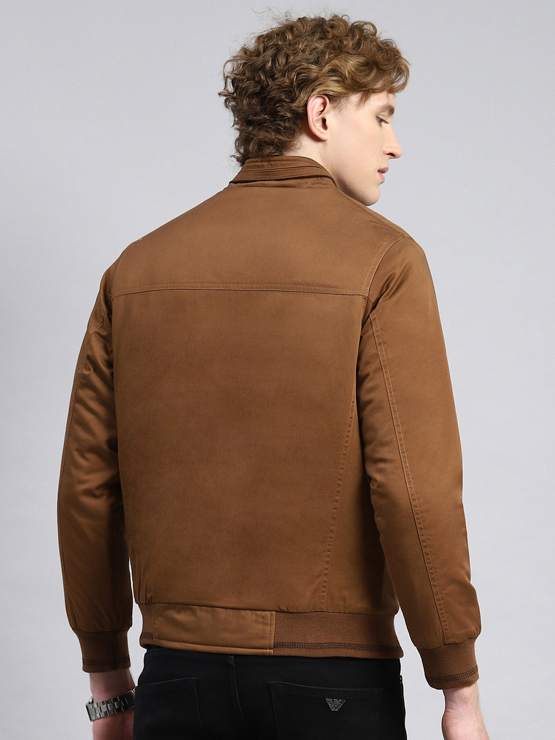 Men Brown Solid Stand Collar Full Sleeve Jackets