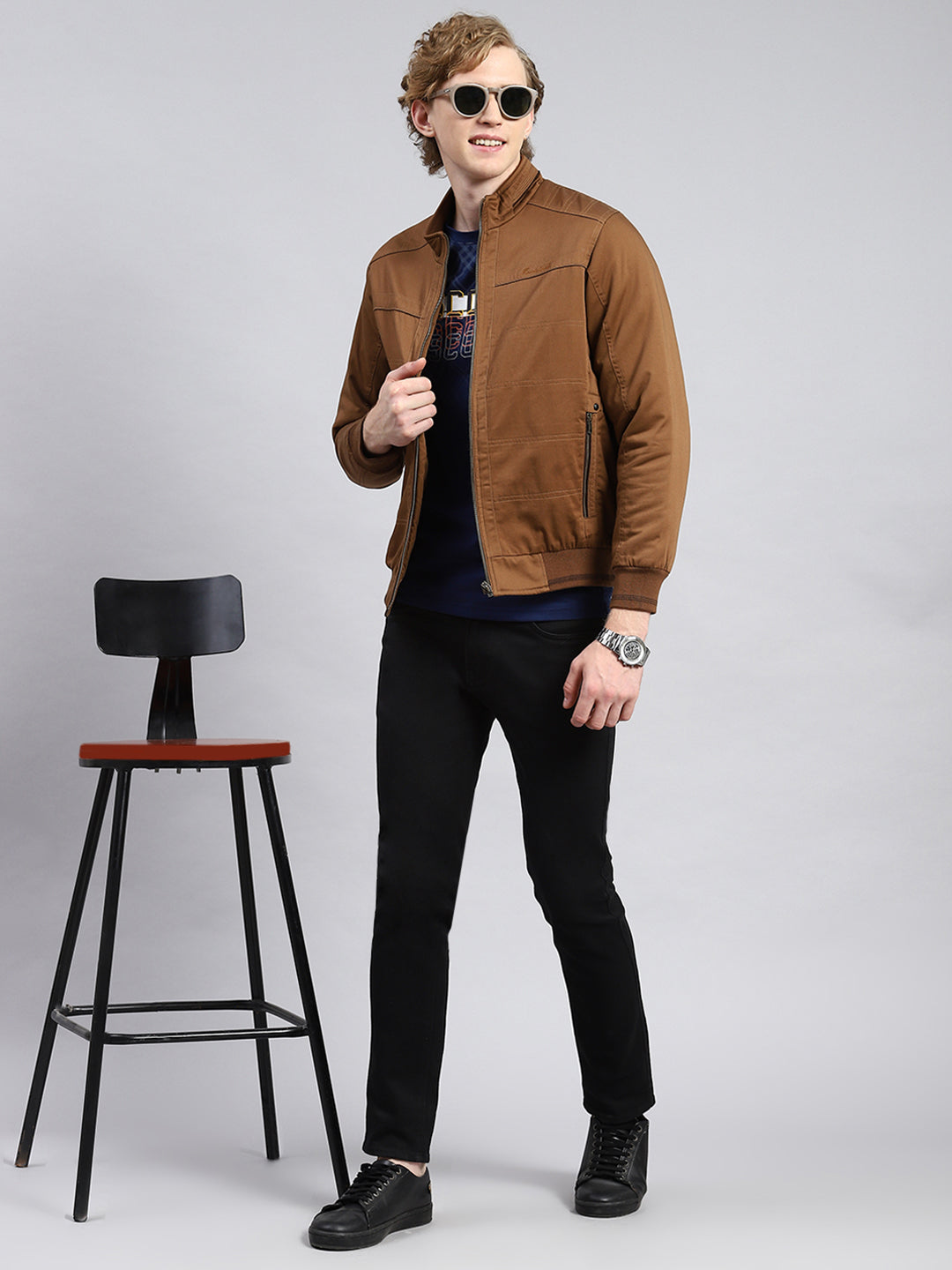 Men Brown Solid Stand Collar Full Sleeve Jackets