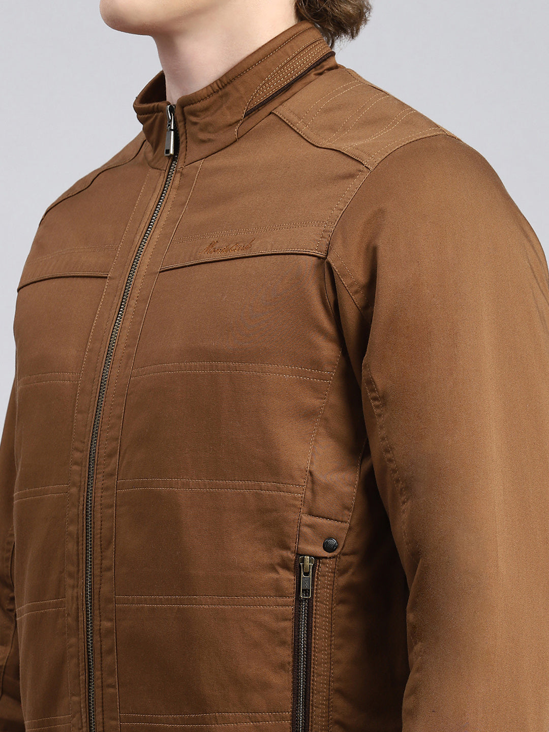 Men Brown Solid Stand Collar Full Sleeve Jackets