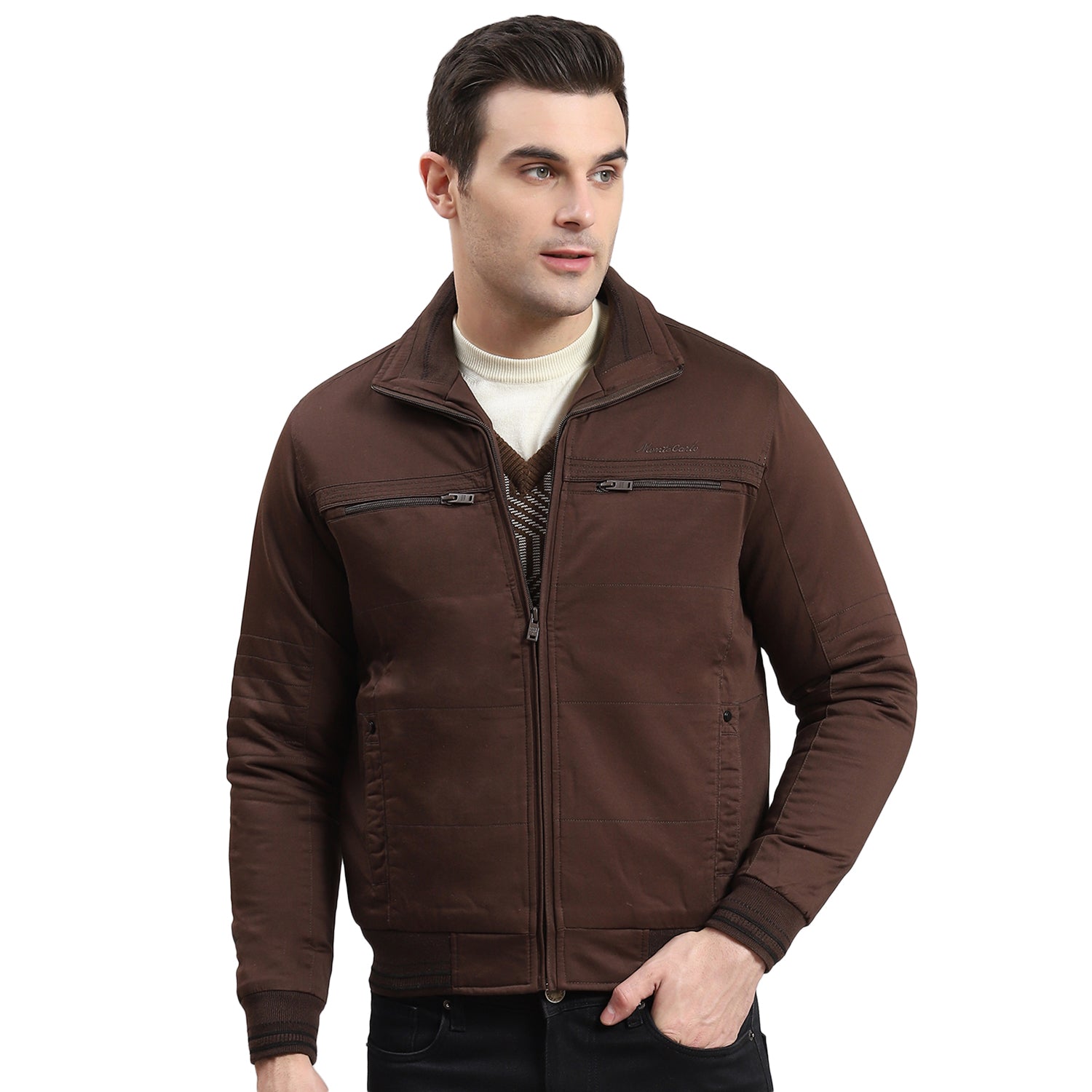 Men Brown Solid Collar Full Sleeve Jacket